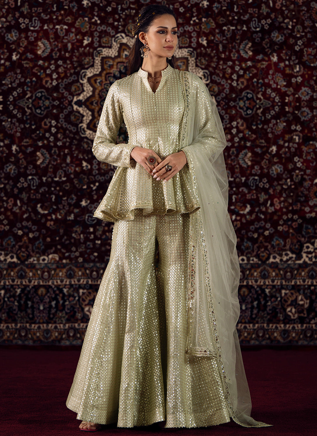 Light Grey Embroidered Viscose Tissue Sharara Suit