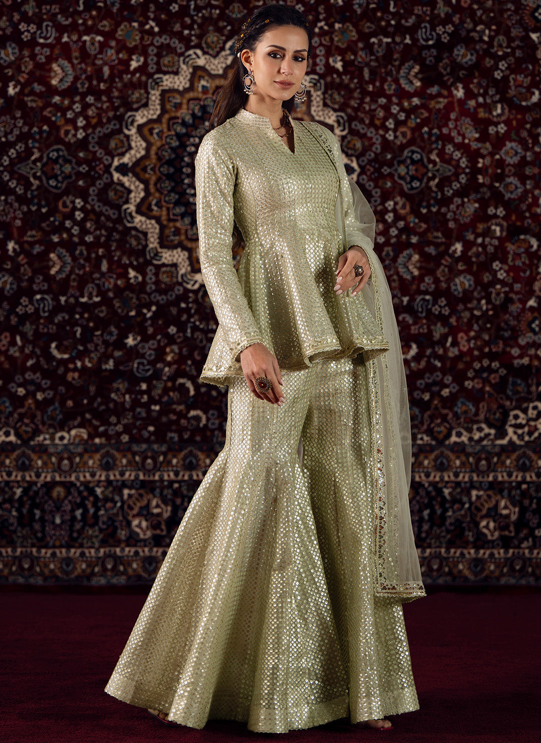 Light Grey Embroidered Viscose Tissue Sharara Suit