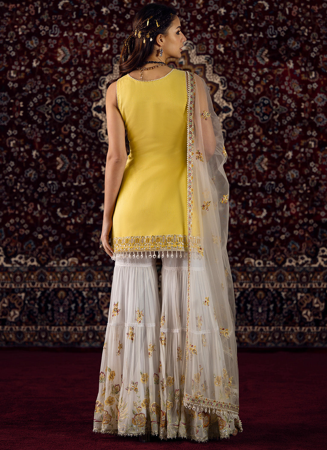 Yellow and White Embroidered Net Gharara Suit