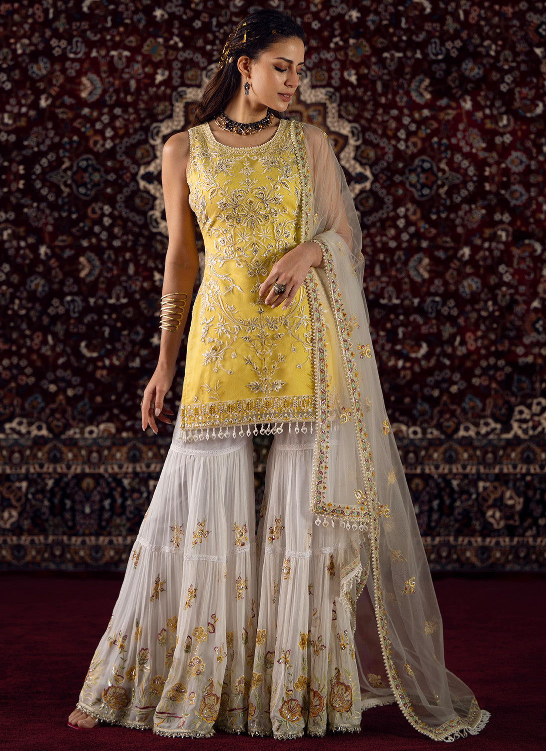 Yellow and White Embroidered Net Gharara Suit