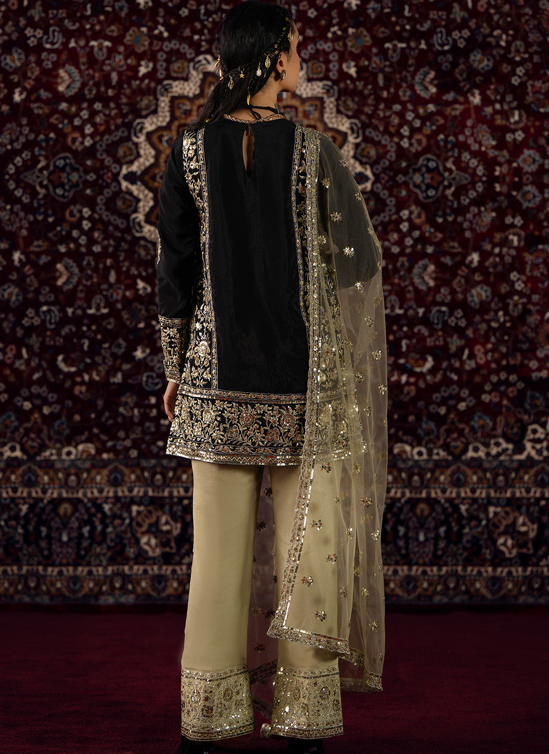 Black and Gold Embroidered Organza Pant Suit
