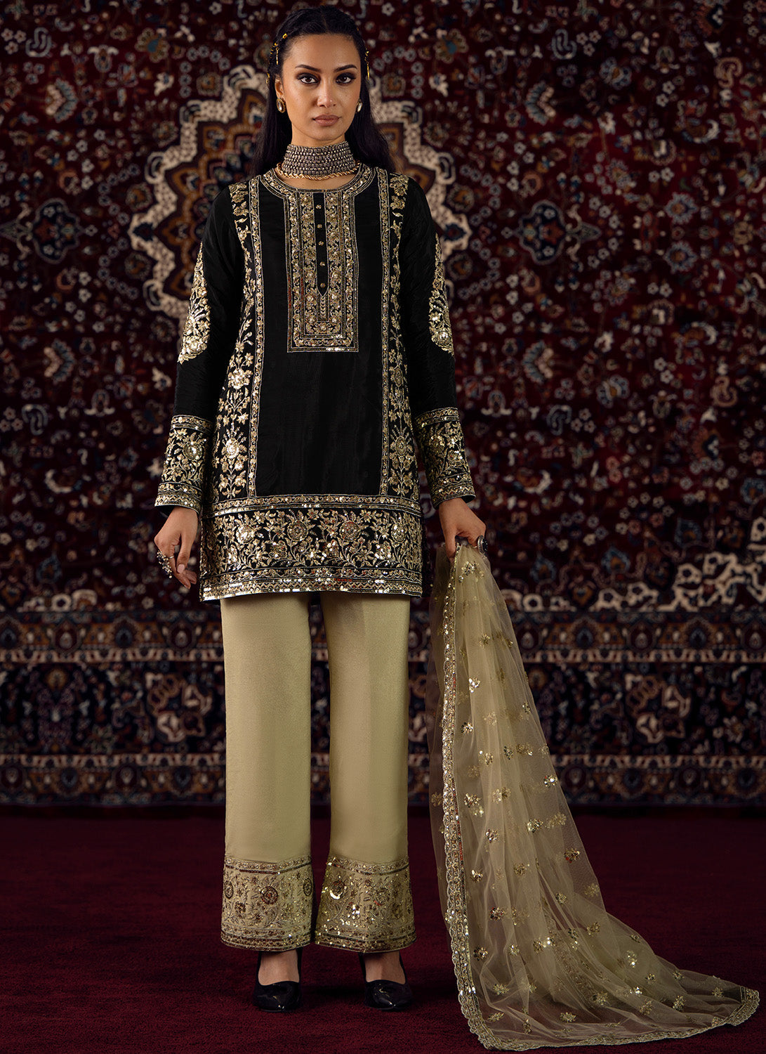 Black and Gold Embroidered Organza Pant Suit