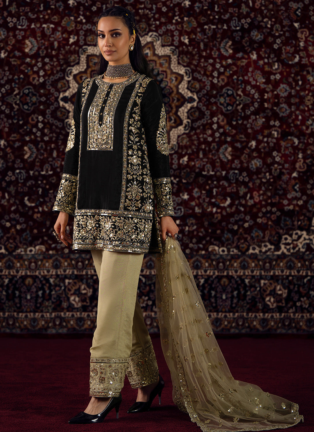 Black and Gold Embroidered Organza Pant Suit