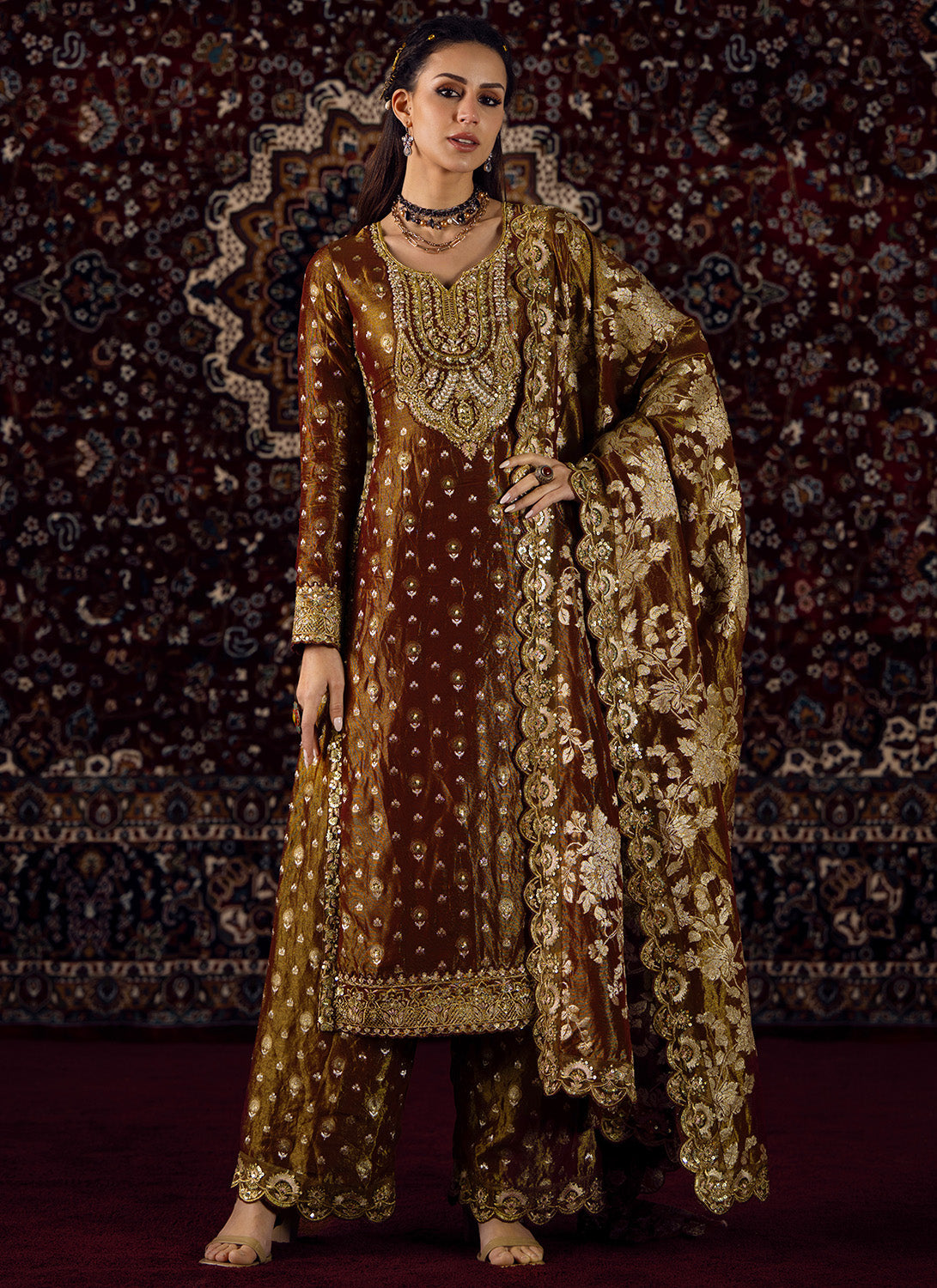 Deep Rust Embroidered Tissue Straight Suit