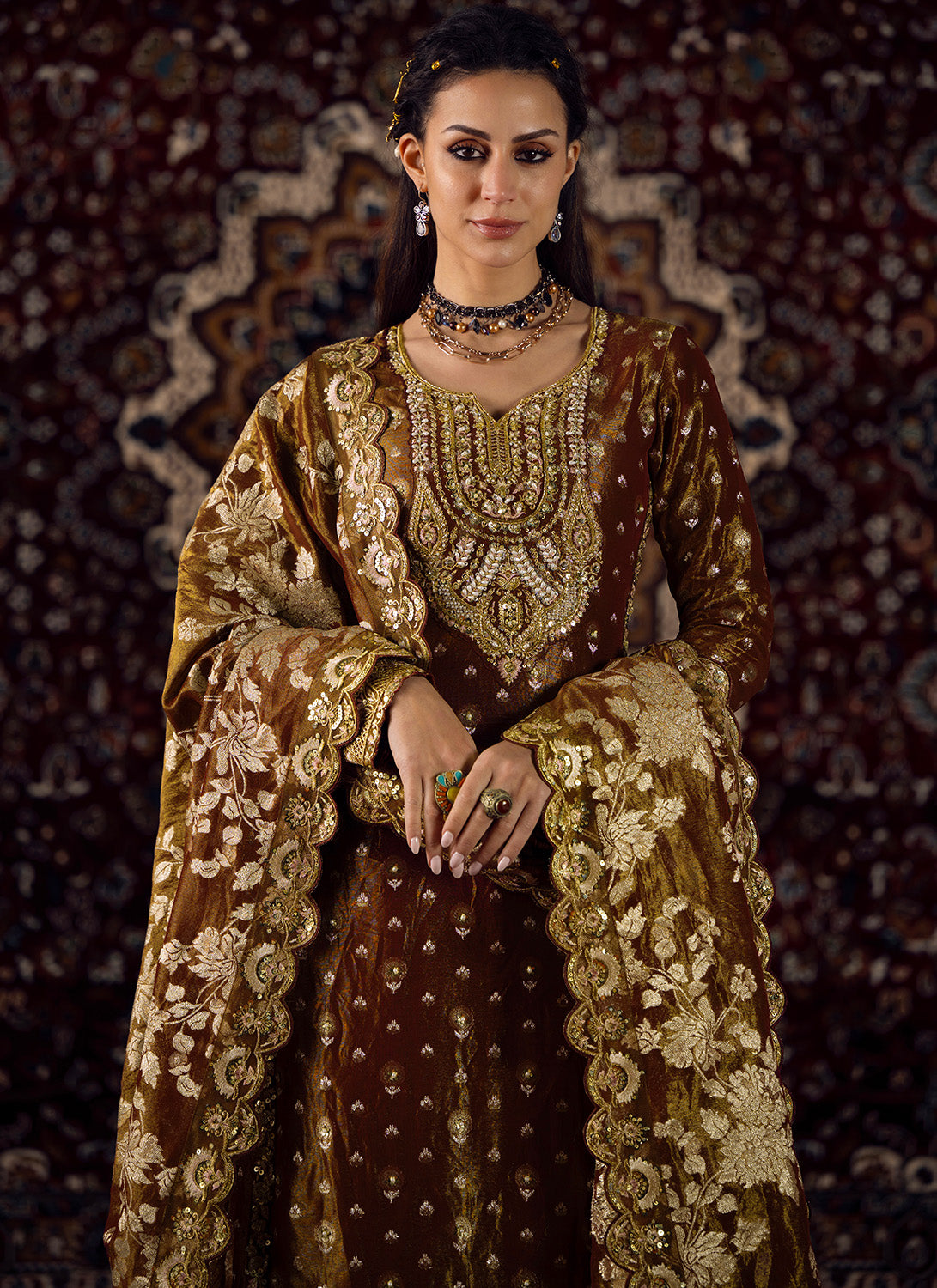 Deep Rust Embroidered Tissue Straight Suit