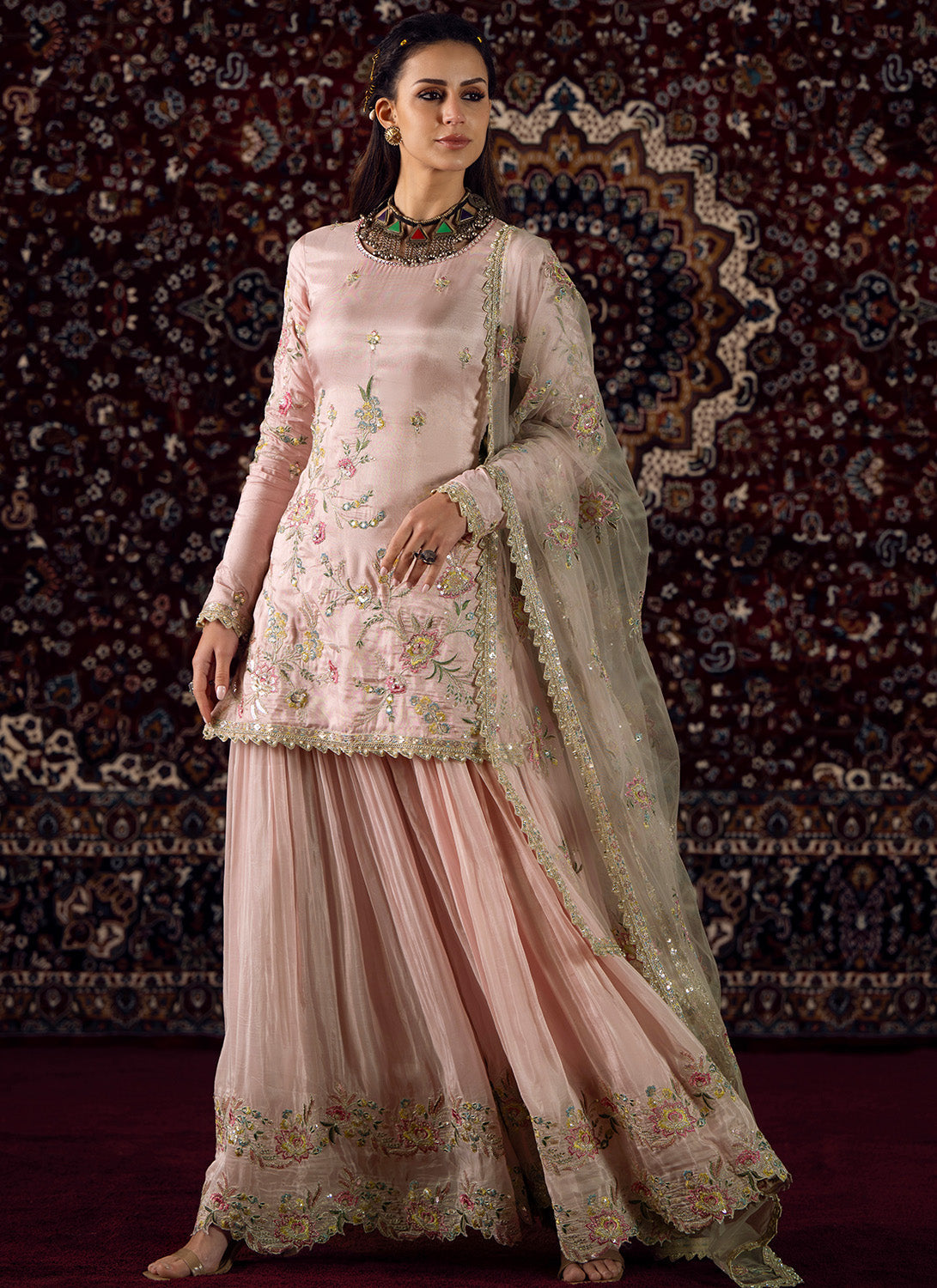 Soft Pink Embroidered Silk Sharara Suit