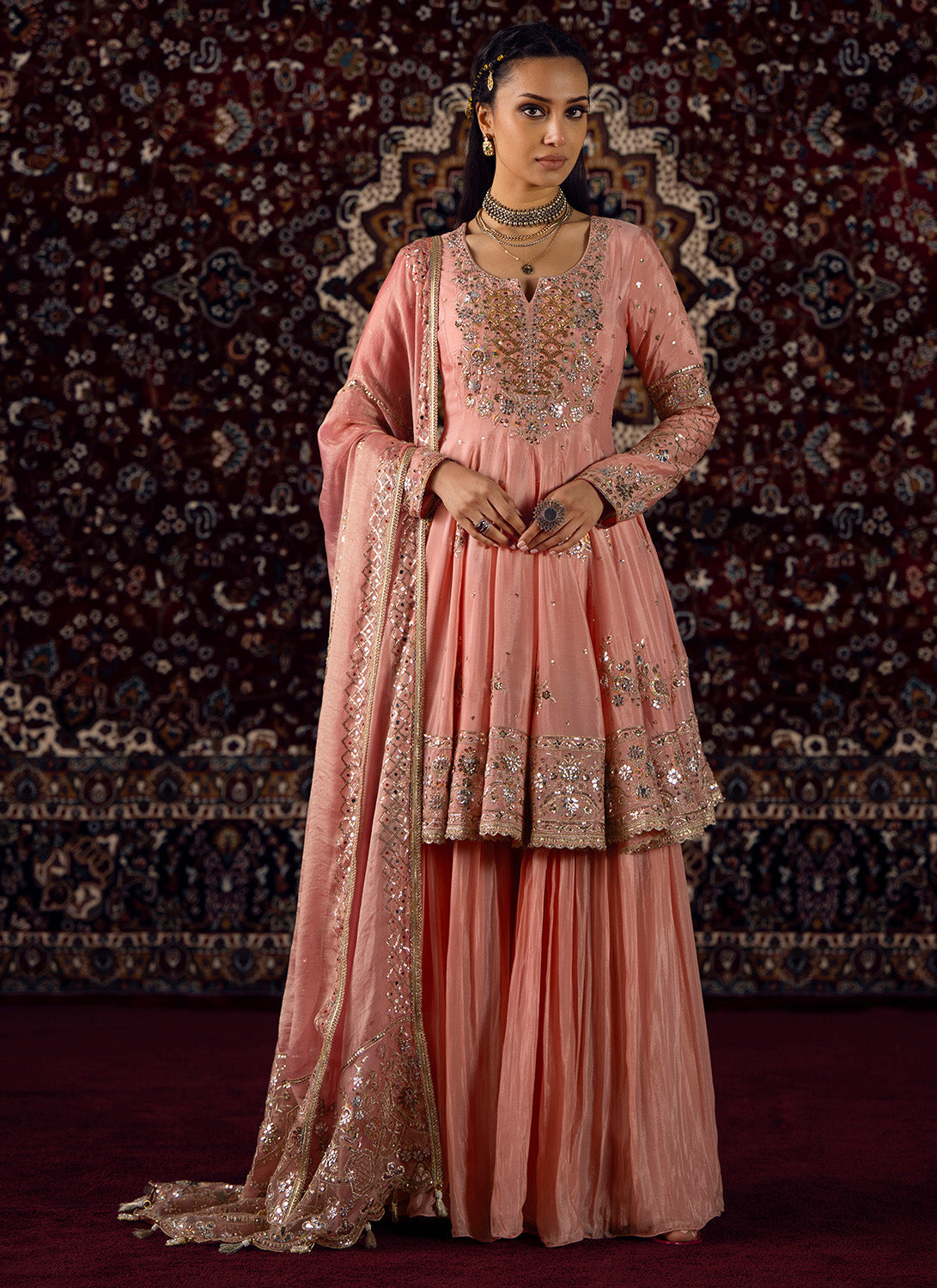 Peachy Pink Embroidered Viscose Chinon Sharara