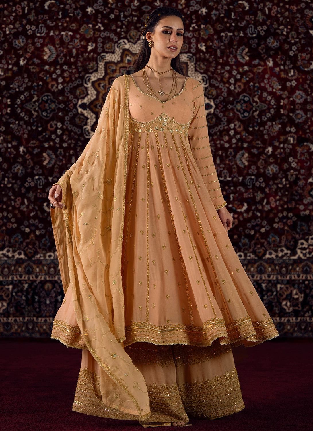 Soft Peach Embroidered Georgette Anarkali Style Sharara