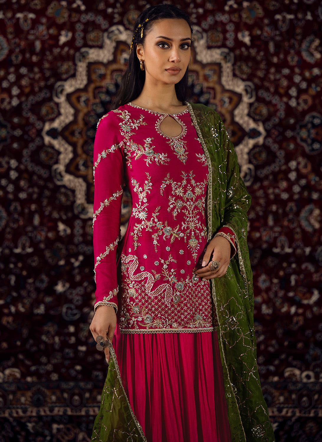 Pink and Mehendi Green Embroidered Viscose Crepe Sharara