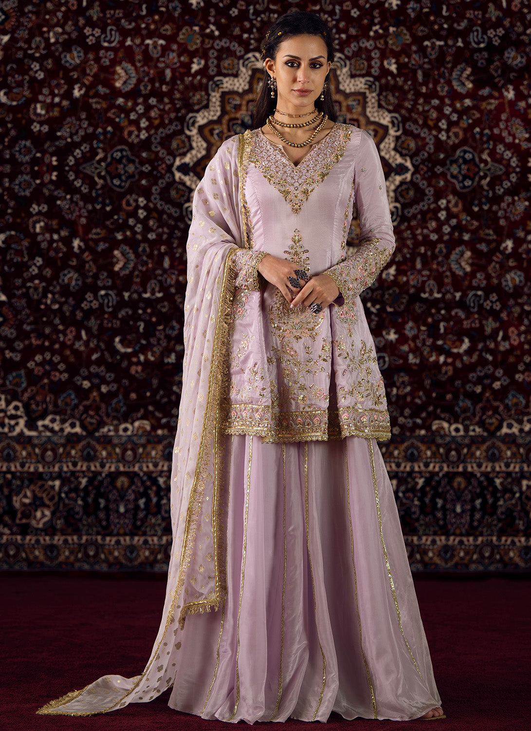 Lavender Embroidered Silk Sharara Suit