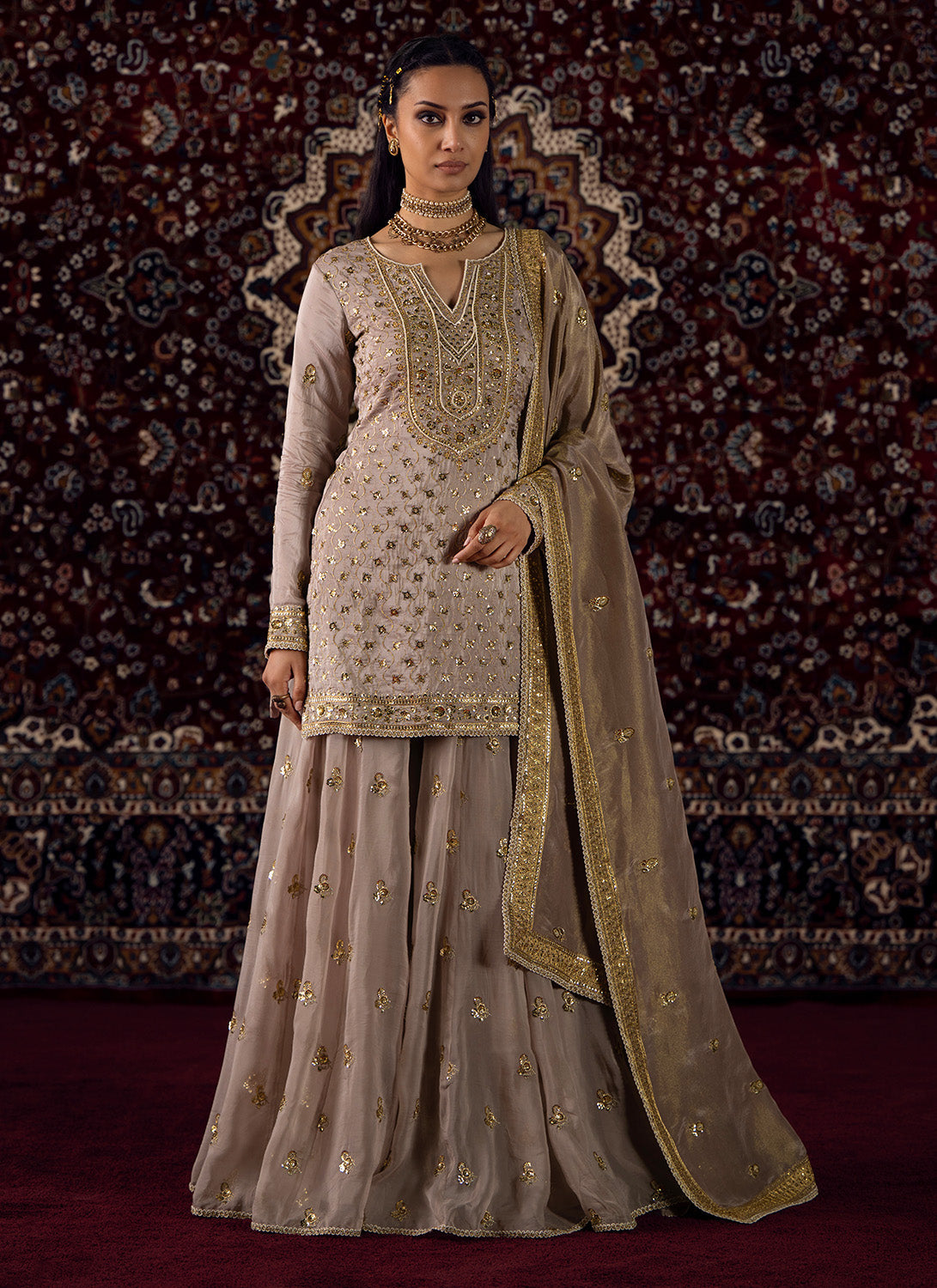 Dusty Lilac Embroidered Silk Sharara Suit