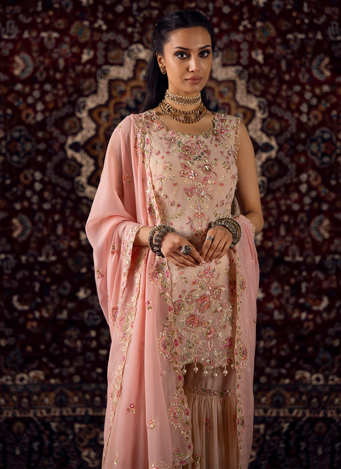 Nude and Pink Embroidered Georgette Gharara