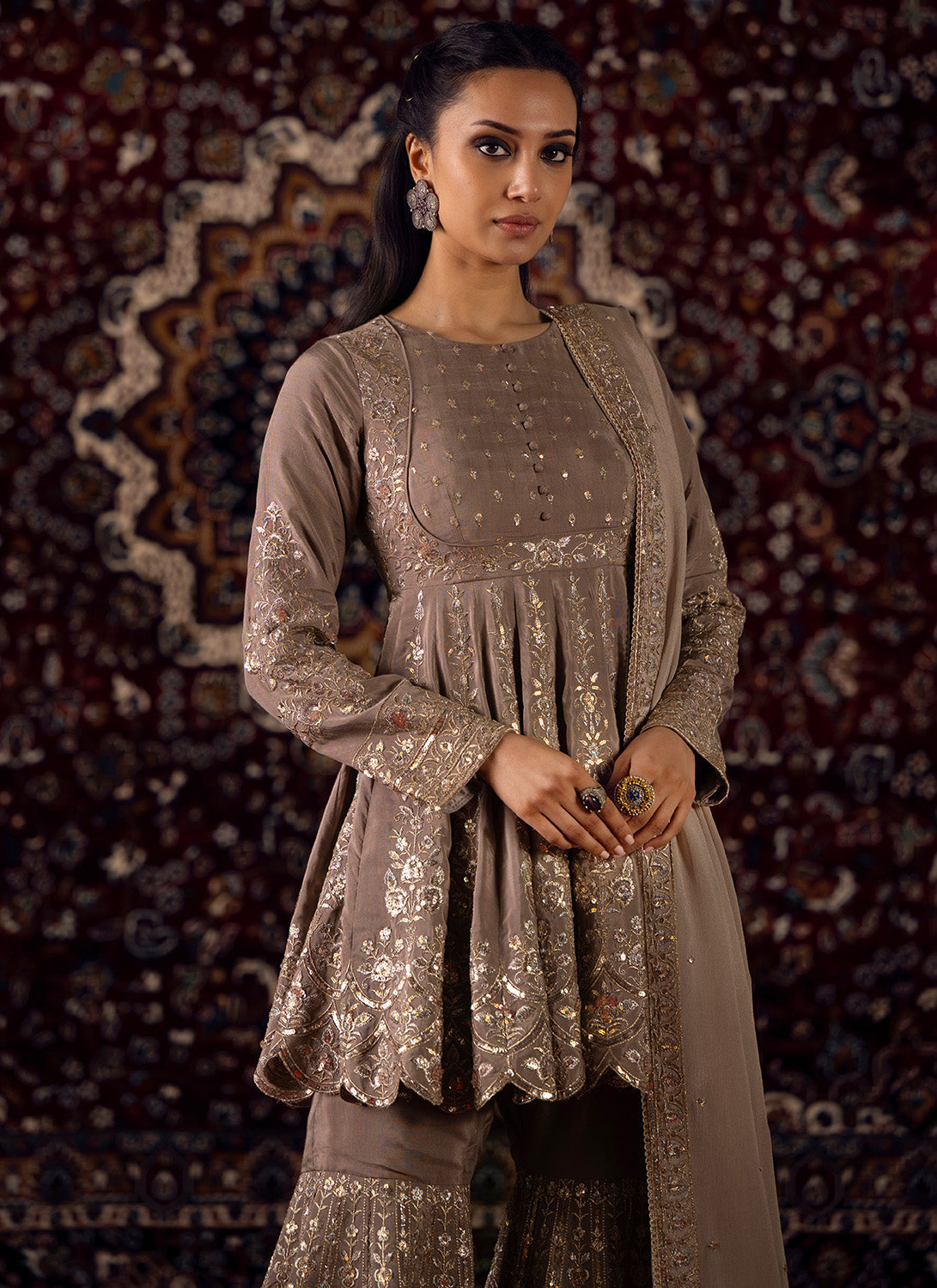 Dusty Taupe Embroidered Chinon Gharara Suit