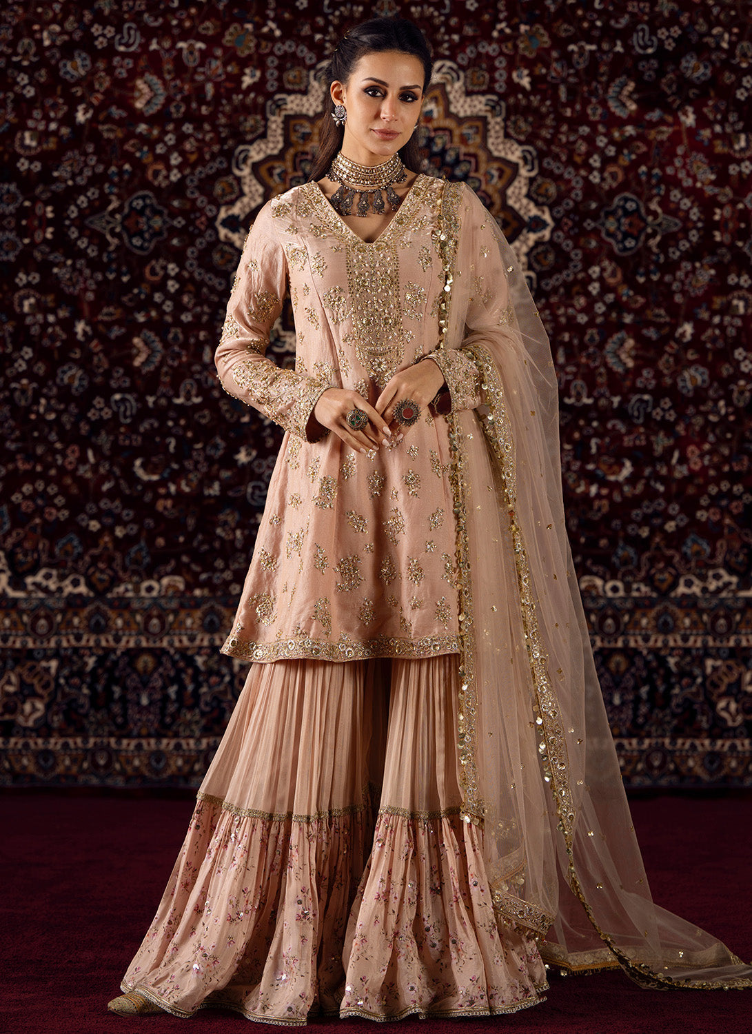 Peach Embroidered Satin Sharara Suit