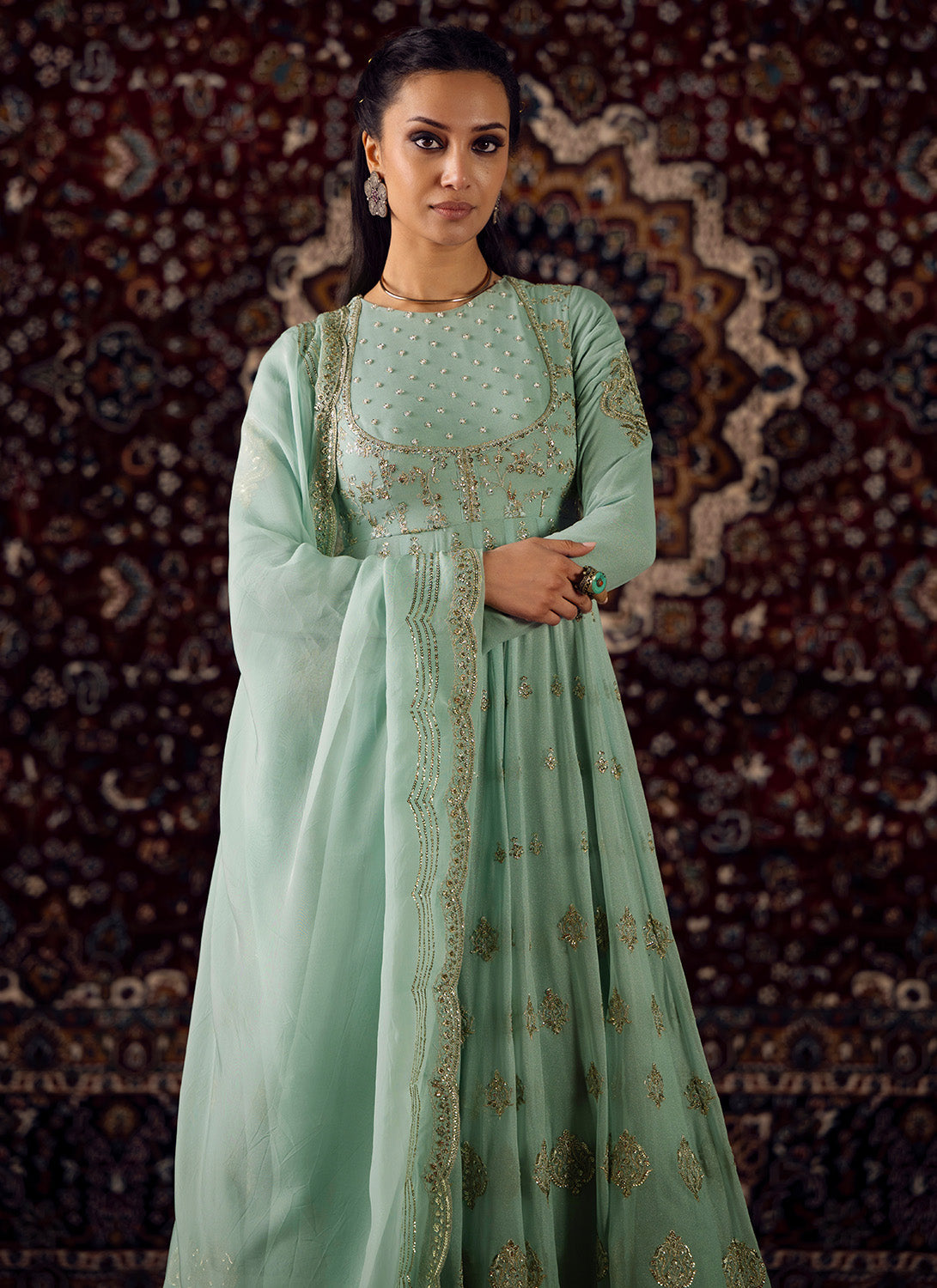 Mint Green Embroidered Georgette Anarkali