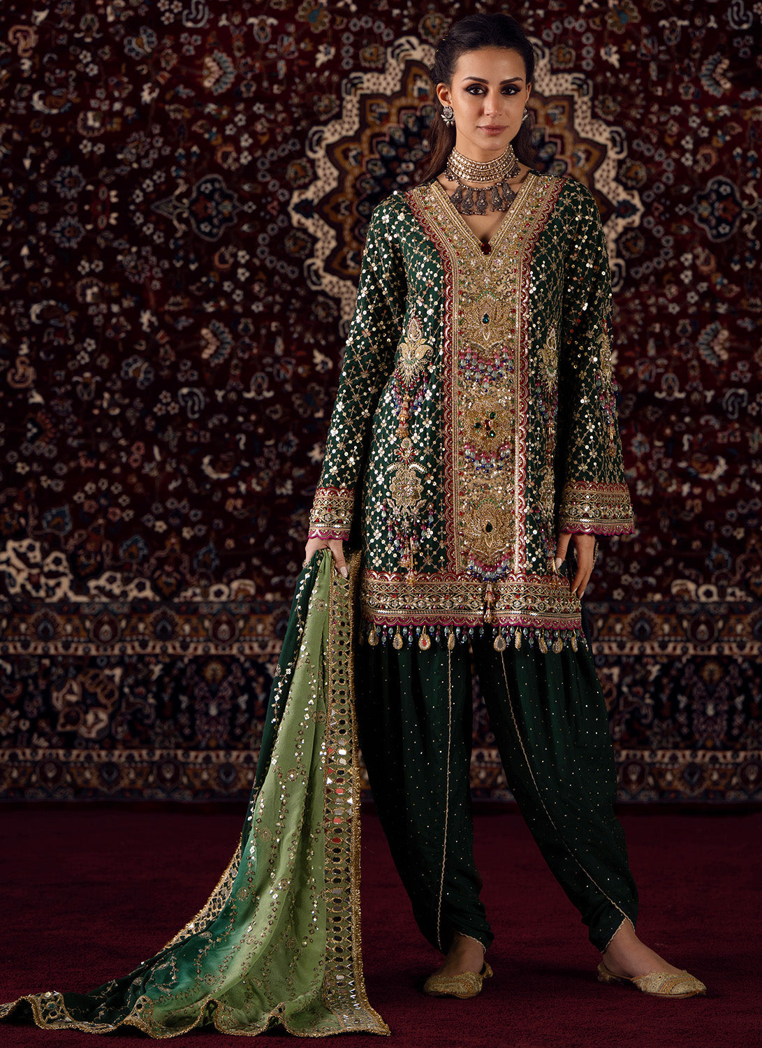 Emerald Green Embroidered Silk Punjabi Suit
