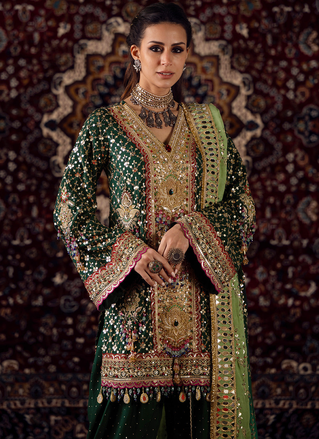 Emerald Green Embroidered Silk Punjabi Suit