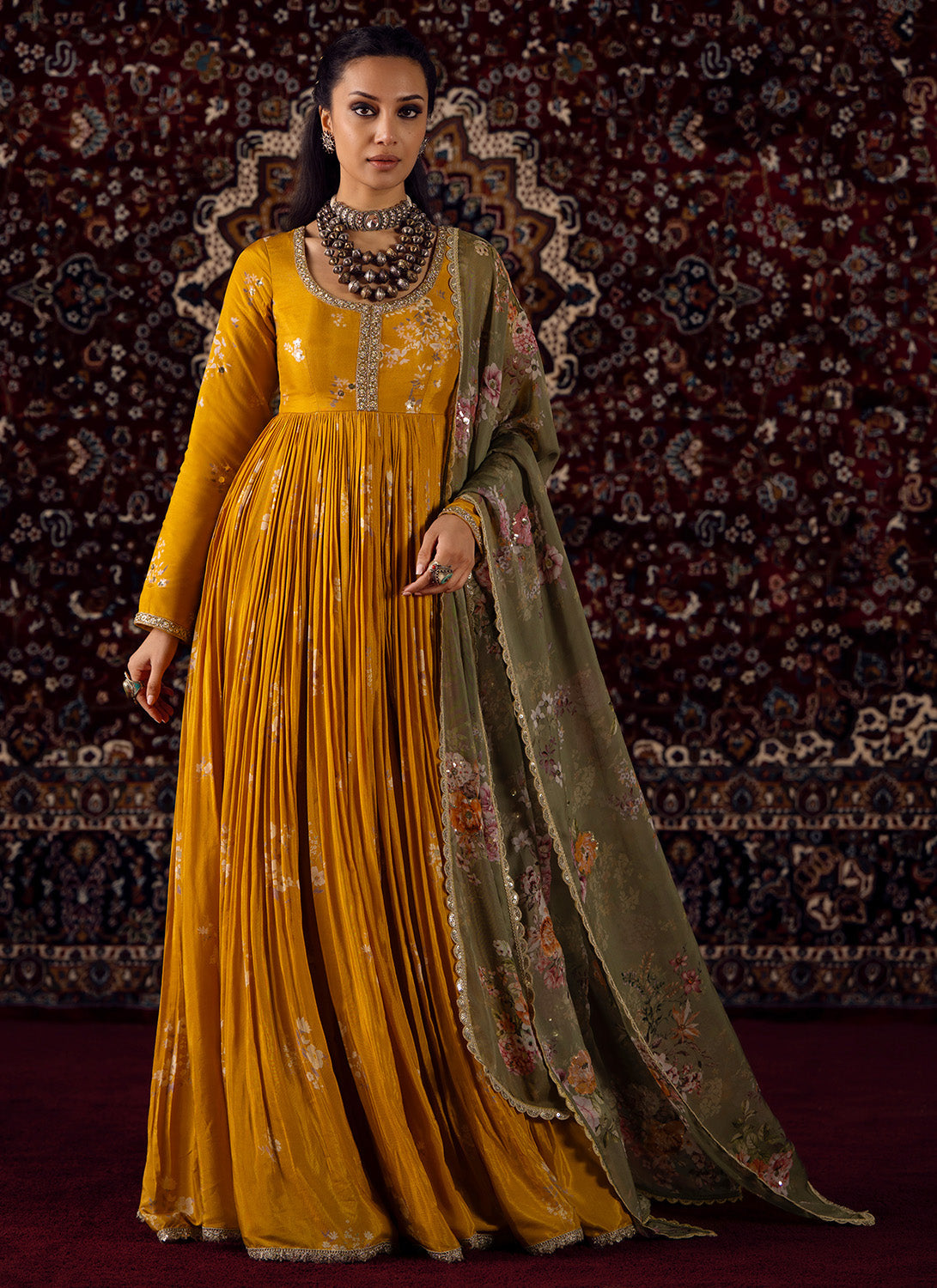 Yellow Embroidered Viscose Silk Anarkali
