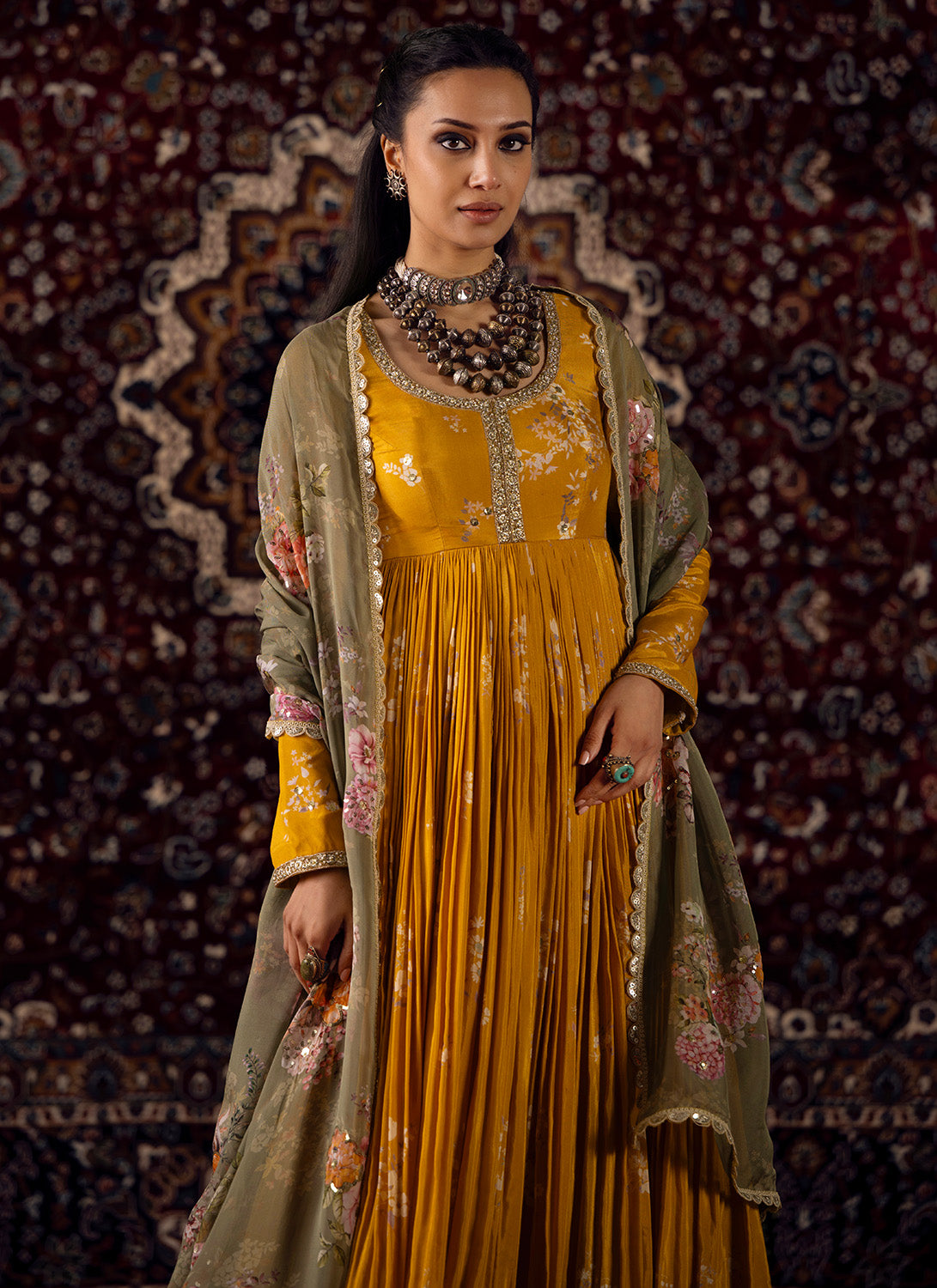 Yellow Embroidered Viscose Silk Anarkali
