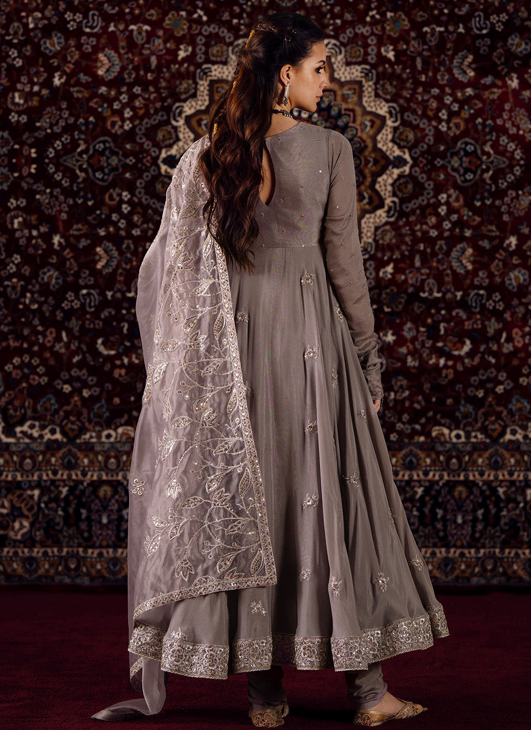 Mauve Grey Embroidered Crepe Anarkali