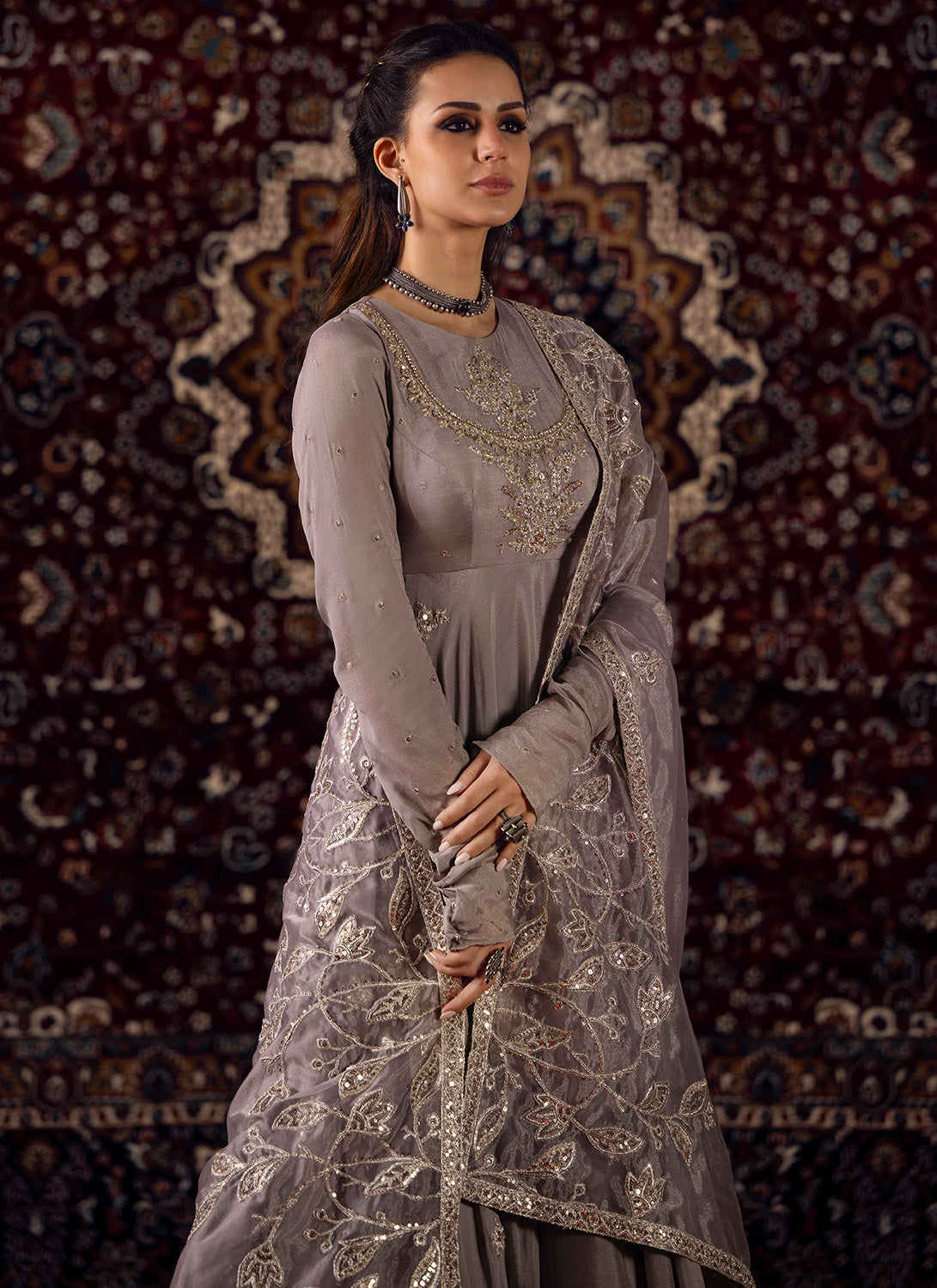 Mauve Grey Embroidered Crepe Anarkali