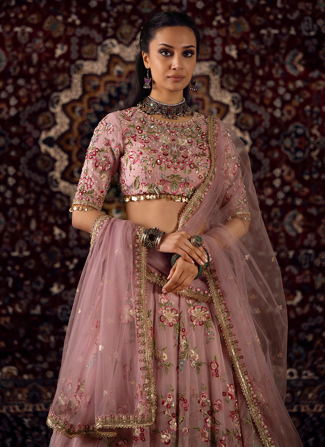 Pink Floral Embroidered Organza Lehenga