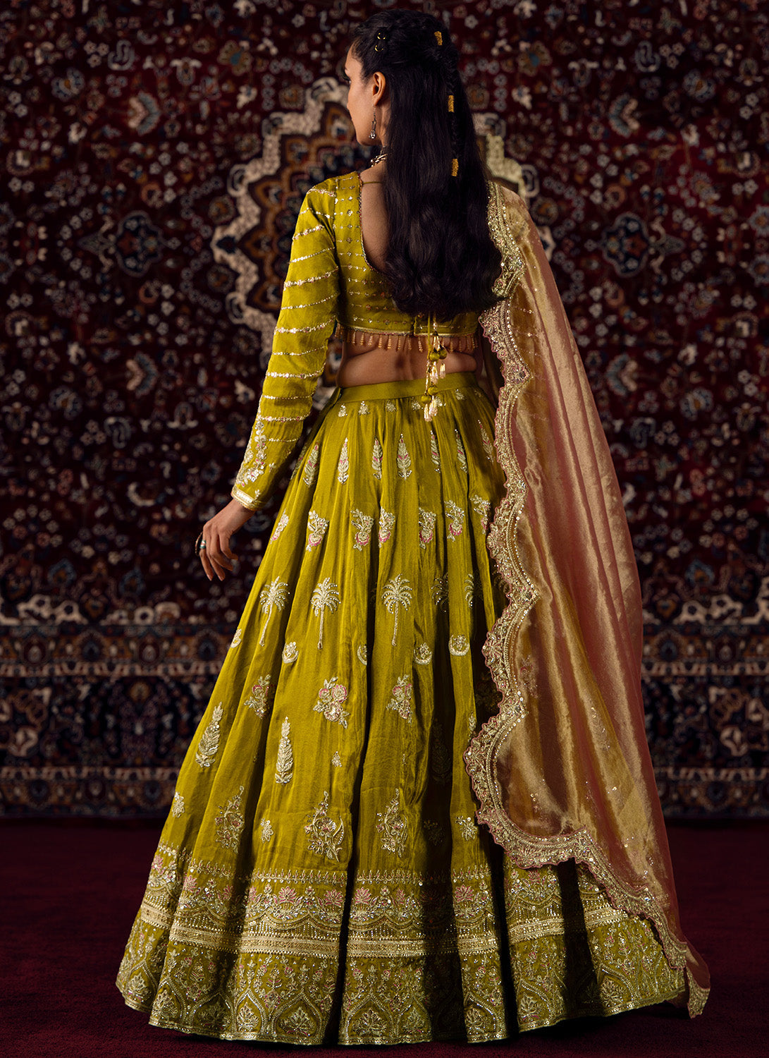 Mustard Olive Green Embroidered Viscose Tissue Lehenga