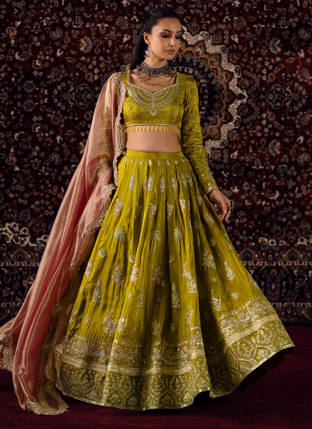 Mustard Olive Green Embroidered Viscose Tissue Lehenga