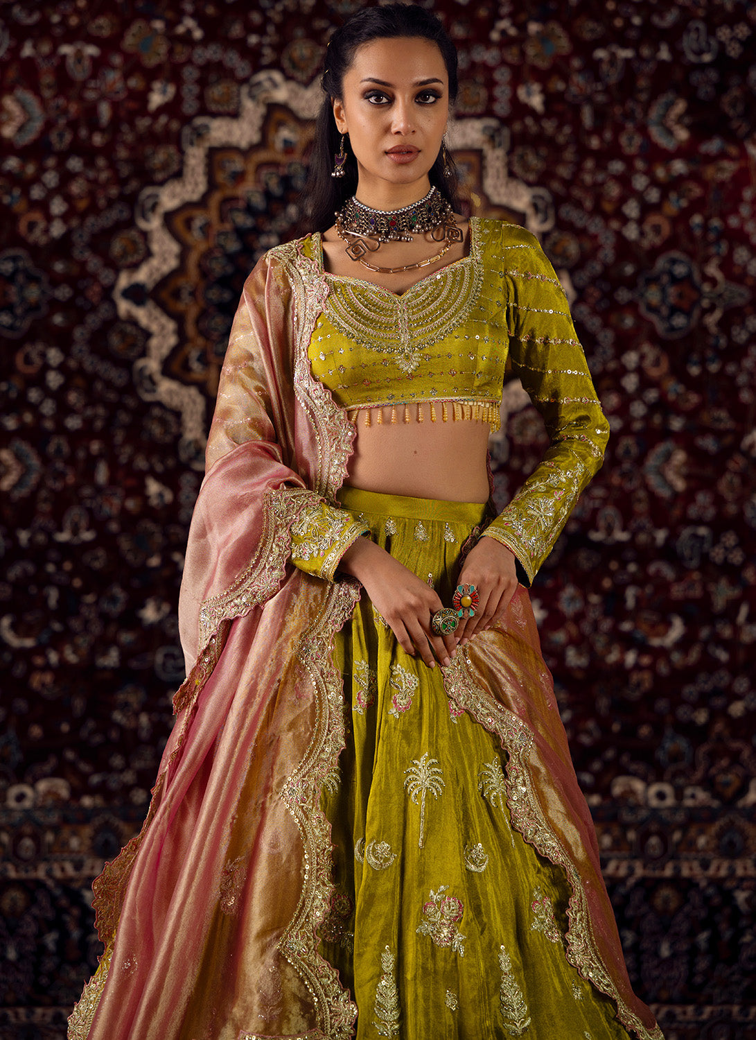 Mustard Olive Green Embroidered Viscose Tissue Lehenga