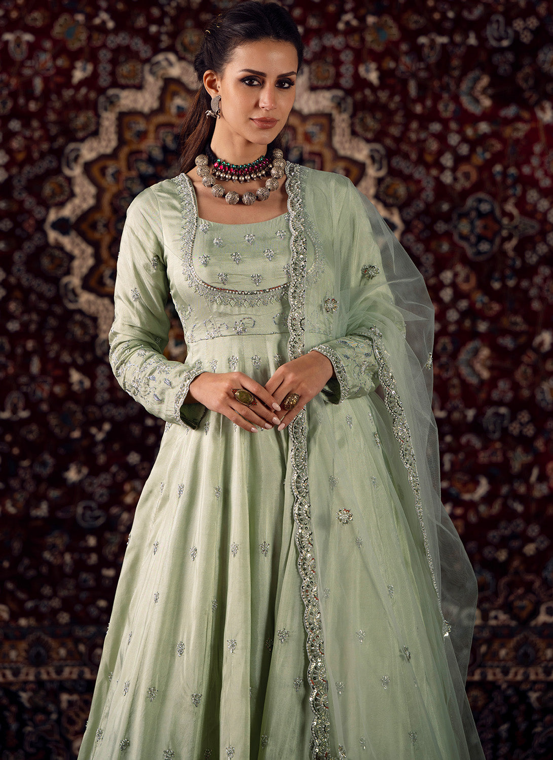 Soft Mint Embroidered Silk Anarkali