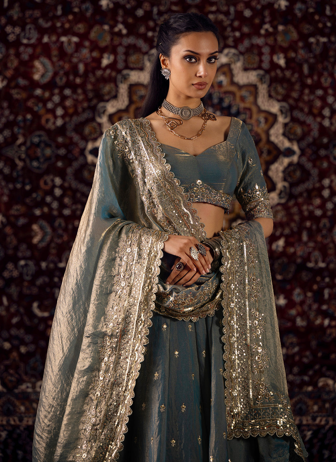 Dusty Blue Embroidered Satin Silk Lehenga