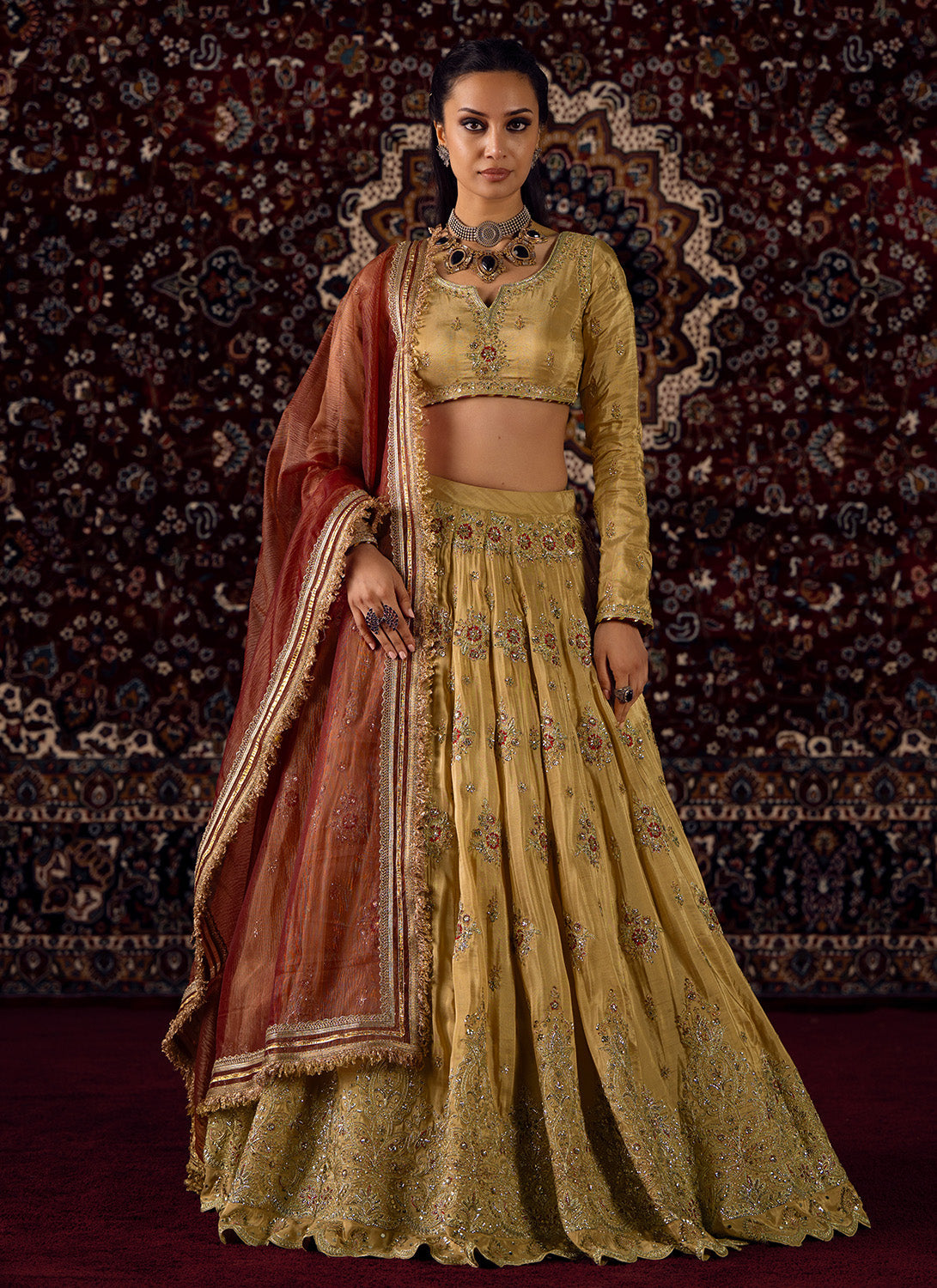 Gold and Maroon Embroidered Viscose Silk Lehenga