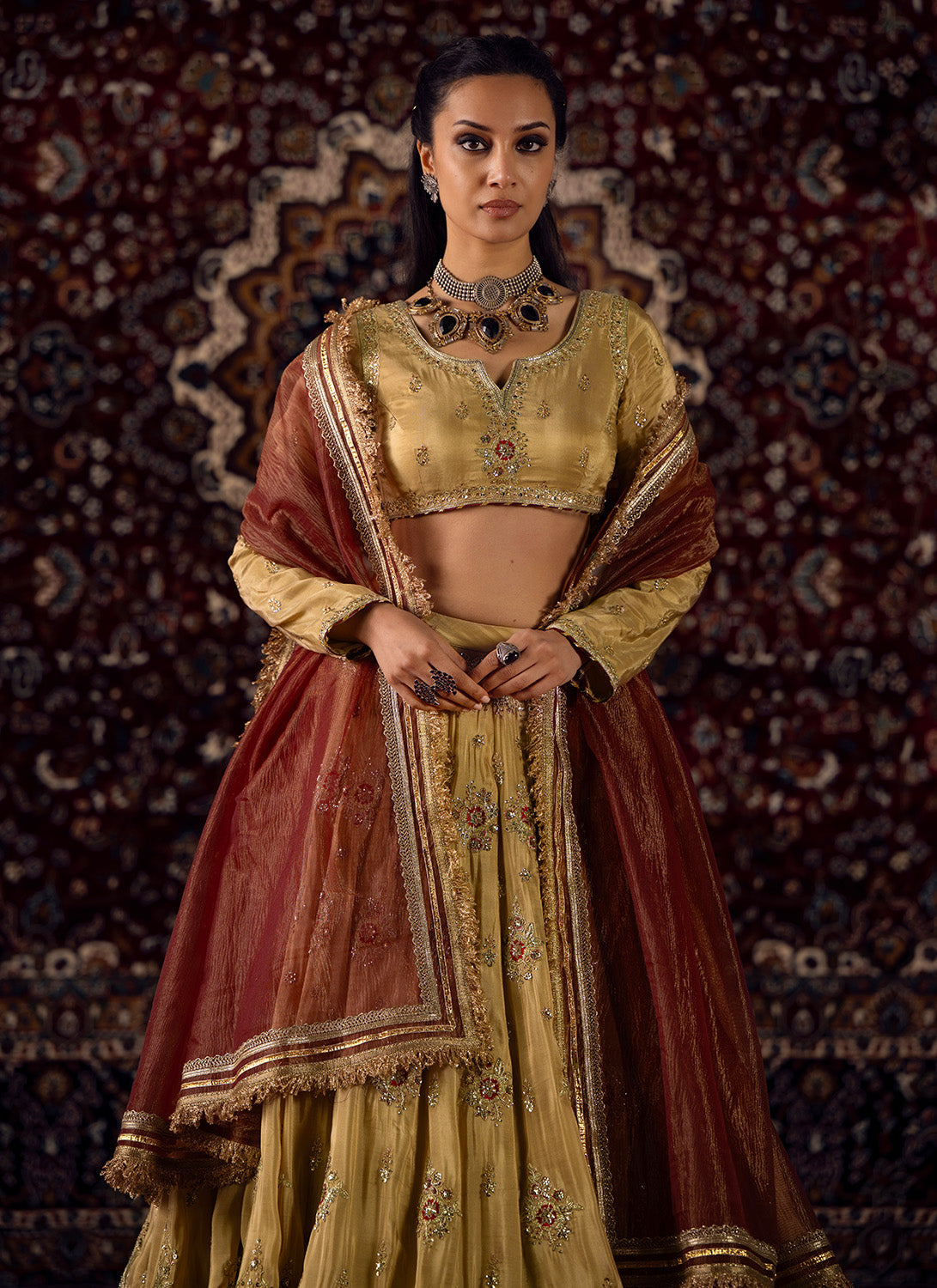 Gold and Maroon Embroidered Viscose Silk Lehenga