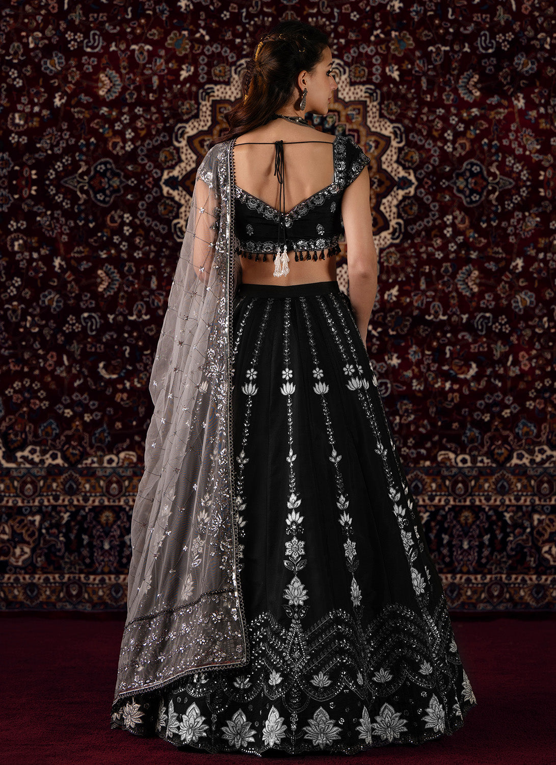 Black and White Embroidered Viscose Silk Lehenga