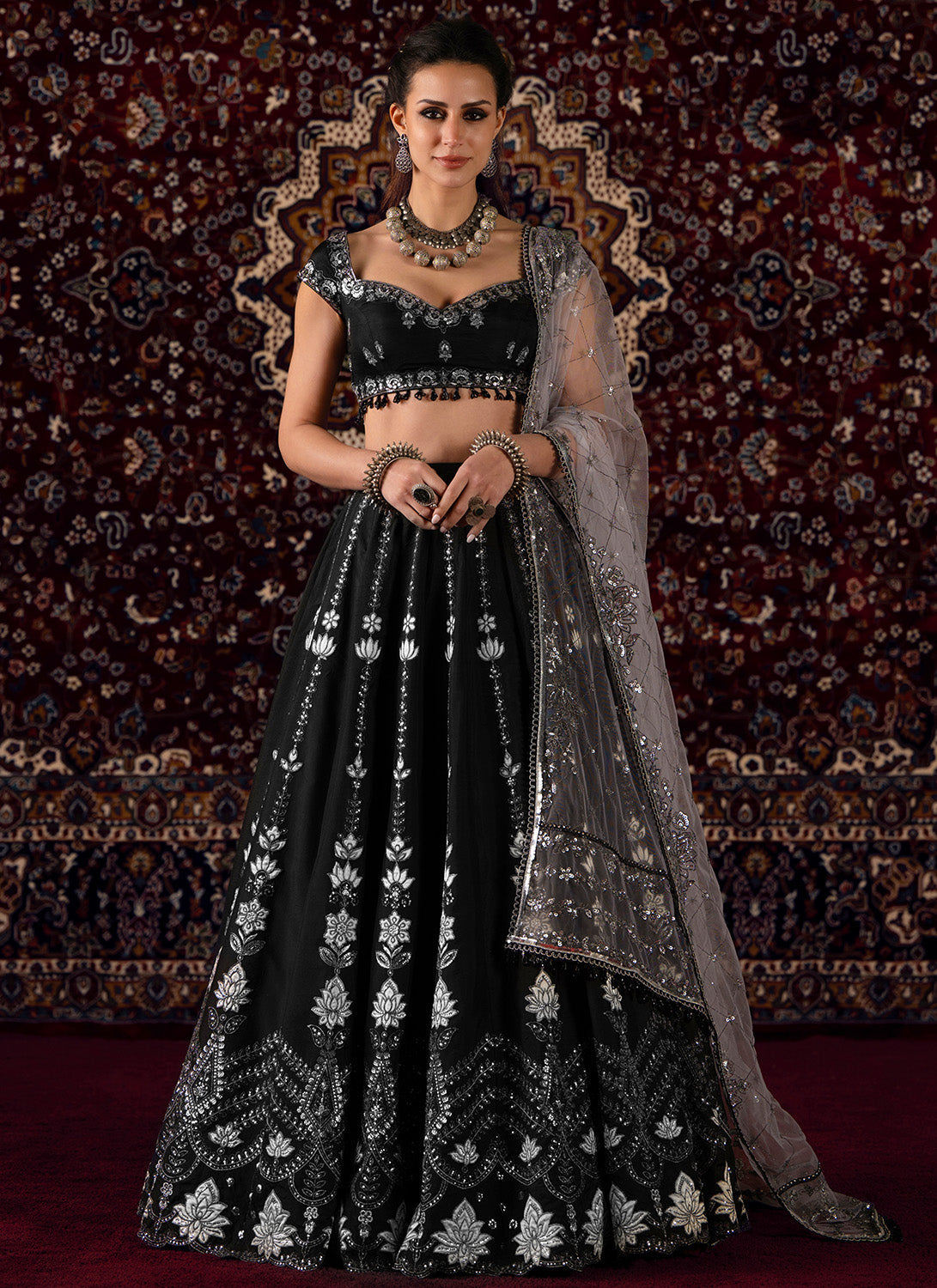 Black and White Embroidered Viscose Silk Lehenga