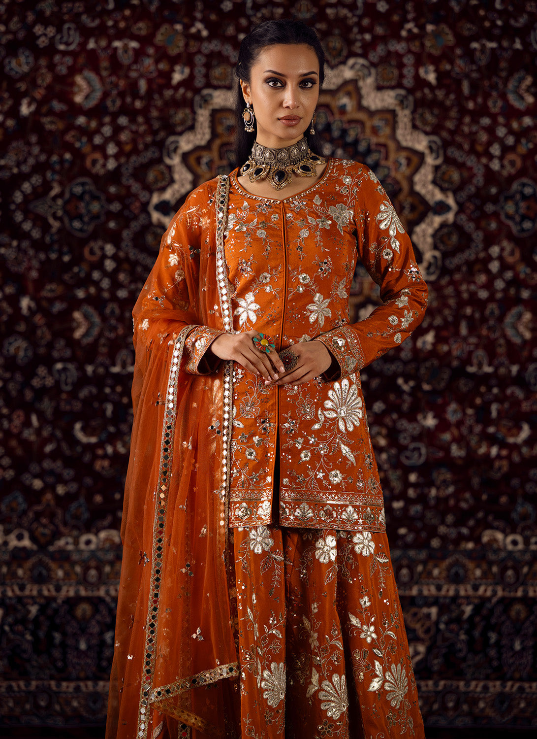 Rust Orange Embroidered Viscose Silk Sharara
