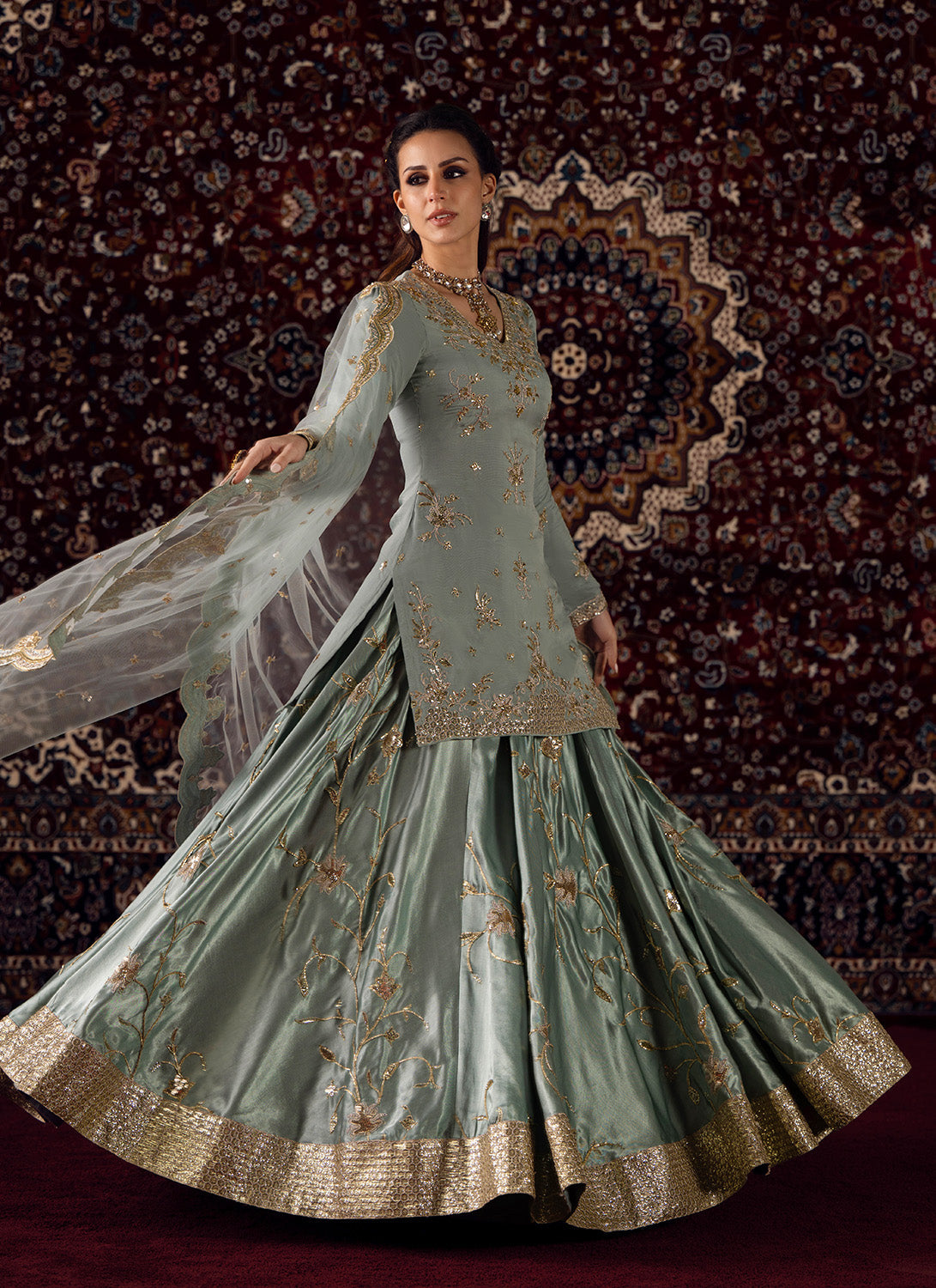 Mint Blue Embroidered Organza Kurti Style Lehenga