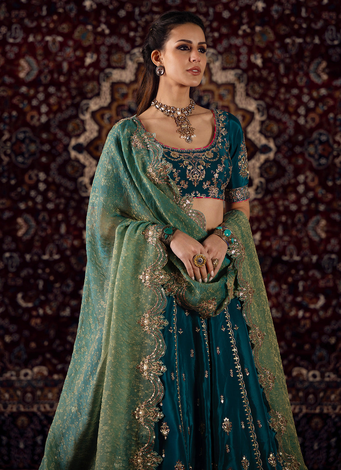Teal Blue Embroidered Viscose Crepe Lehenga