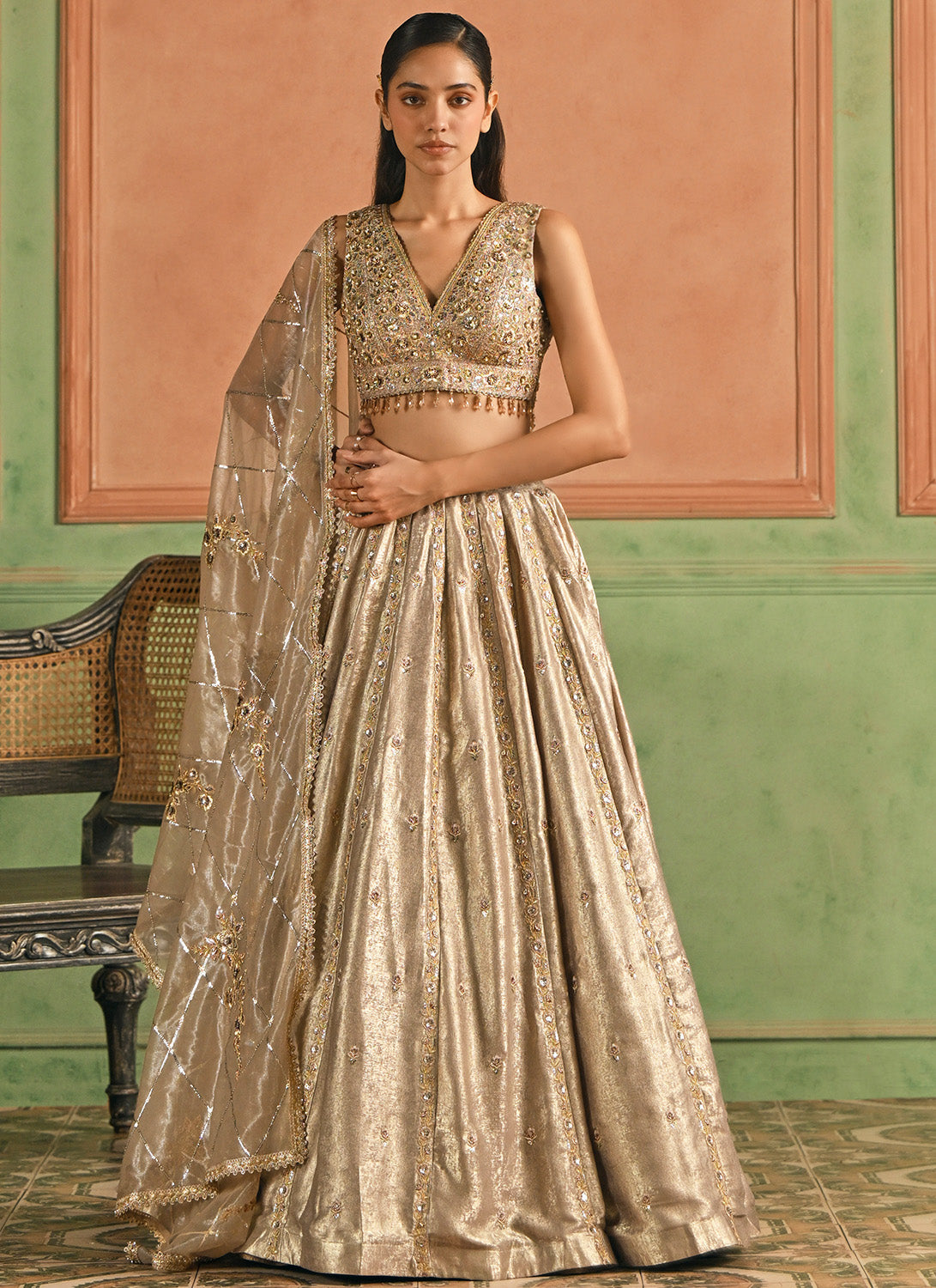 Gold Embroidered Foil Silk Lehenga