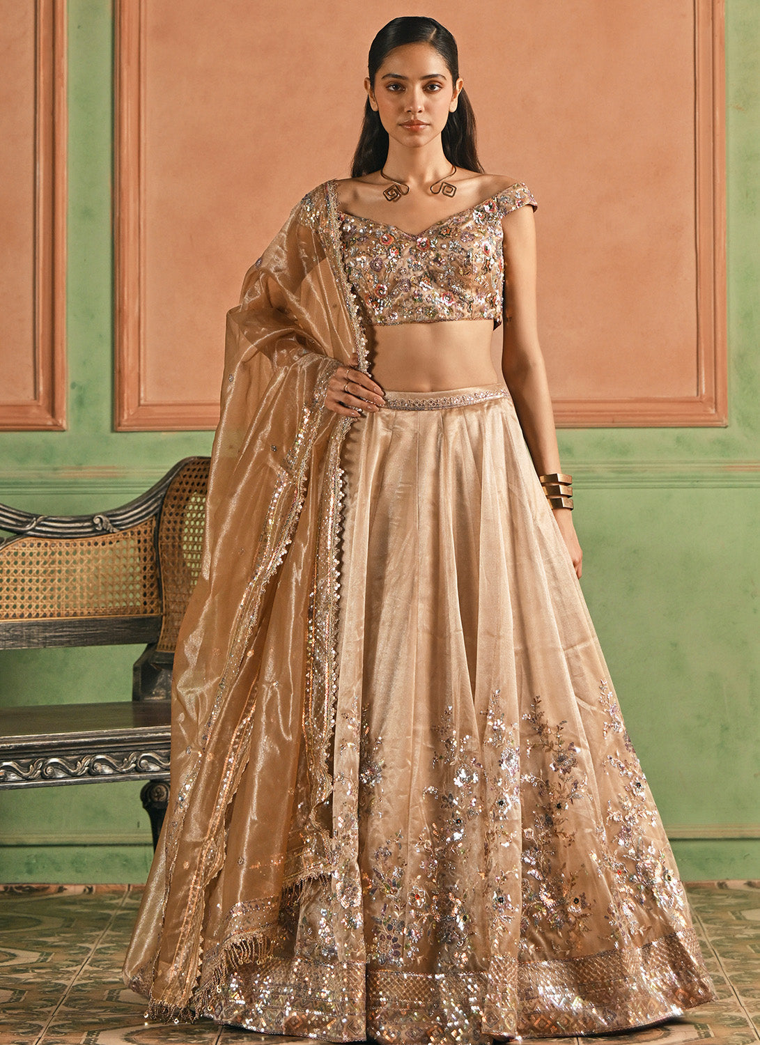Golden Beige Embroidered Net Lehenga