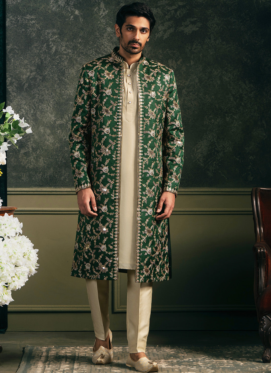 Green Embroidered Silk Sherwani Set