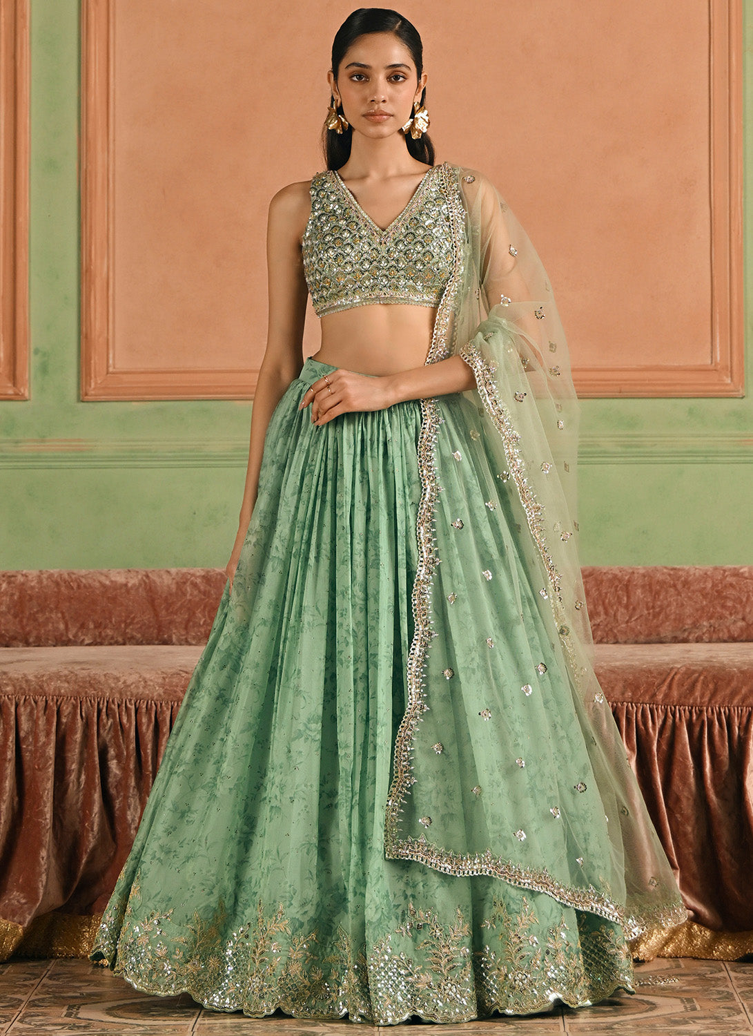 Green Embroidered Tissue Lehenga