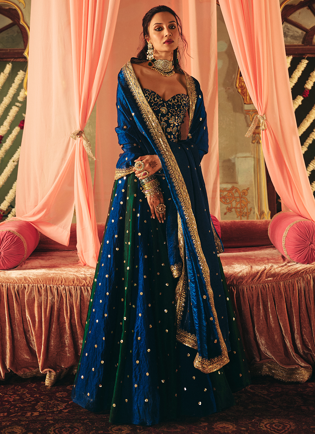 Green and Blue Embroidered Corset Style Lehenga