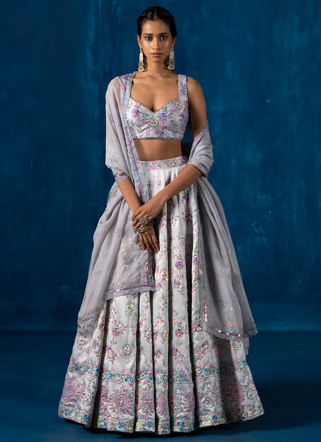 Grey Multicolor Embroidered Lehenga