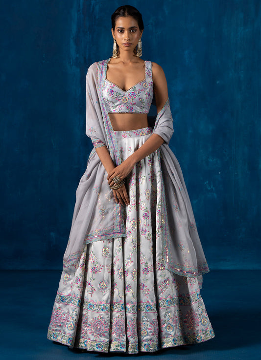 Grey Multicolor Embroidered Lehenga
