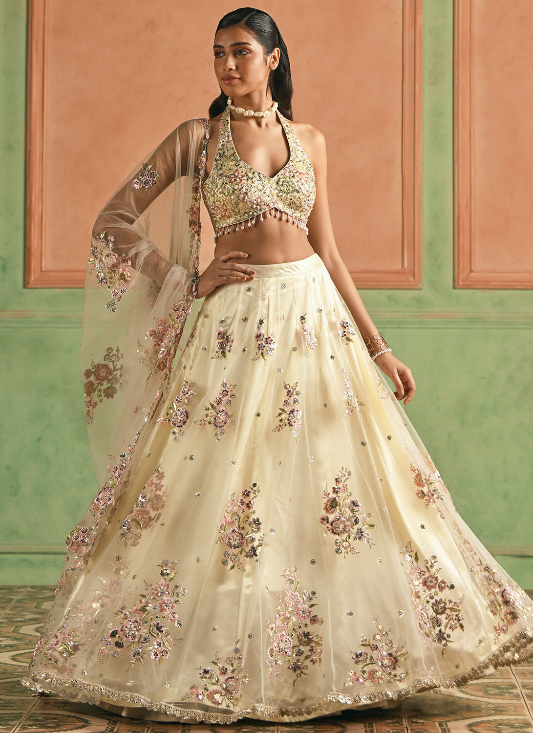 Soft Yellow Embroidered Net Lehenga