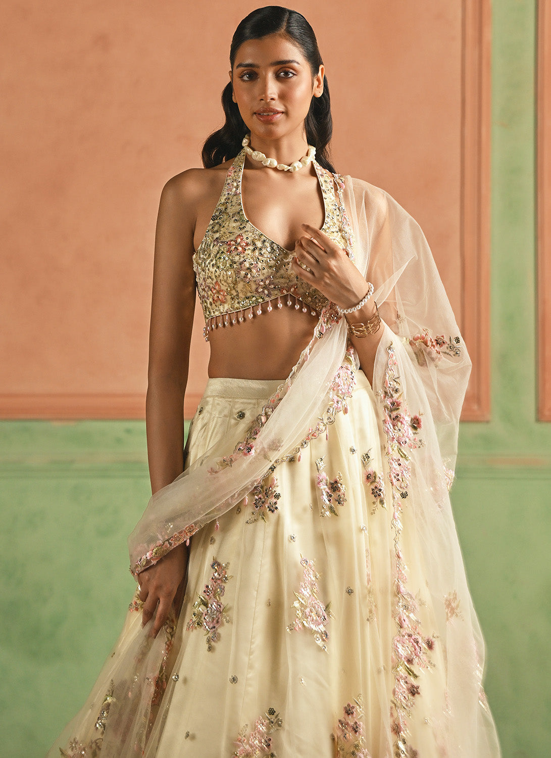 Soft Yellow Embroidered Net Lehenga
