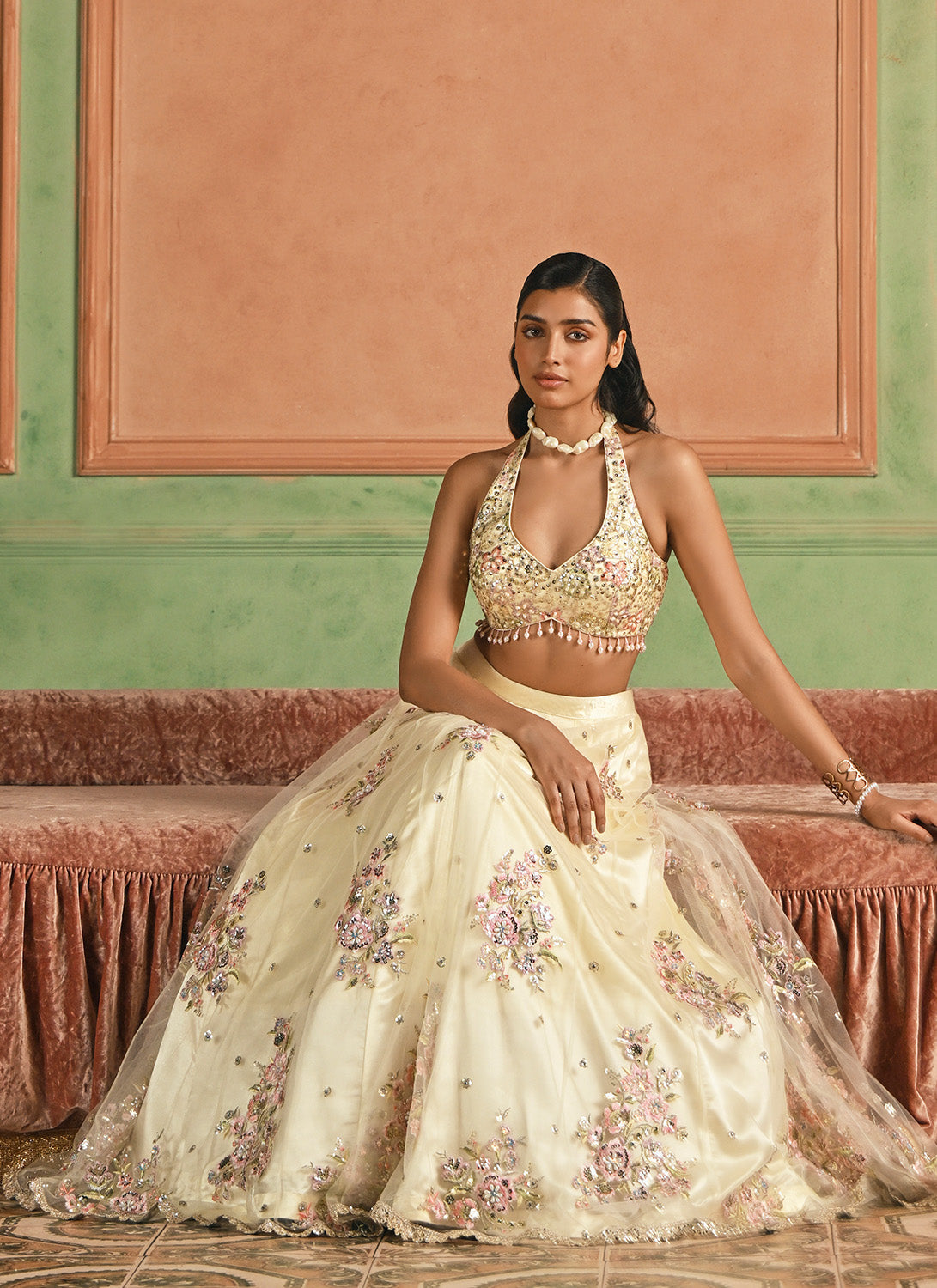 Soft Yellow Embroidered Net Lehenga