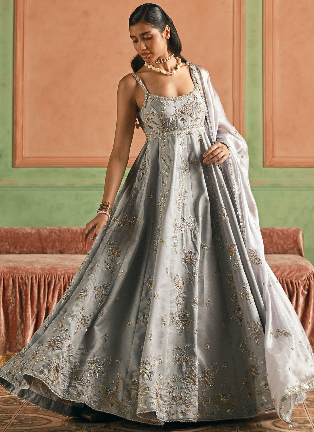 Grey Embroidered Silk Anarkali