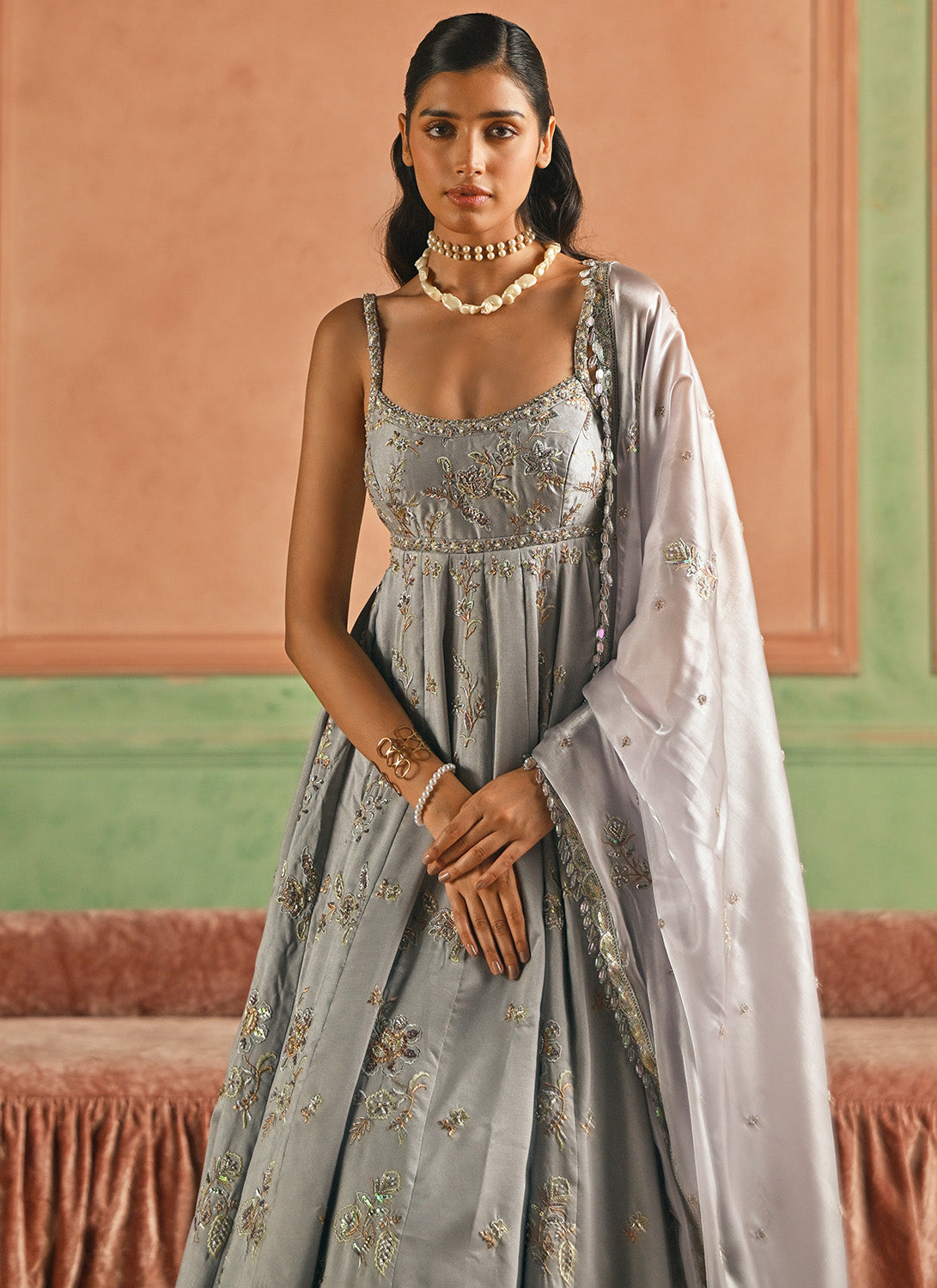 Grey Embroidered Silk Anarkali